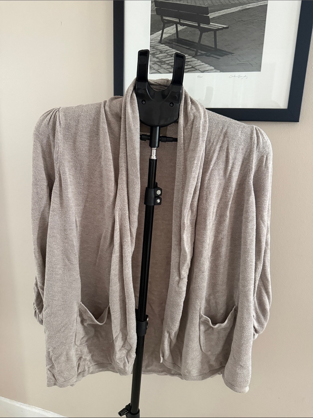Joan Vass Light Taupe Open-Front Cardigan